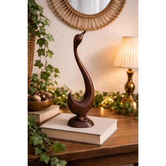 Vintage Hand-Carved Wooden Swan SculptureOrganic Modern Decor